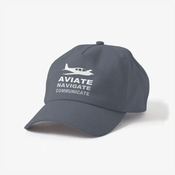 Aviate Navigate Communicate Polo-style Pilot Cap white print, close view