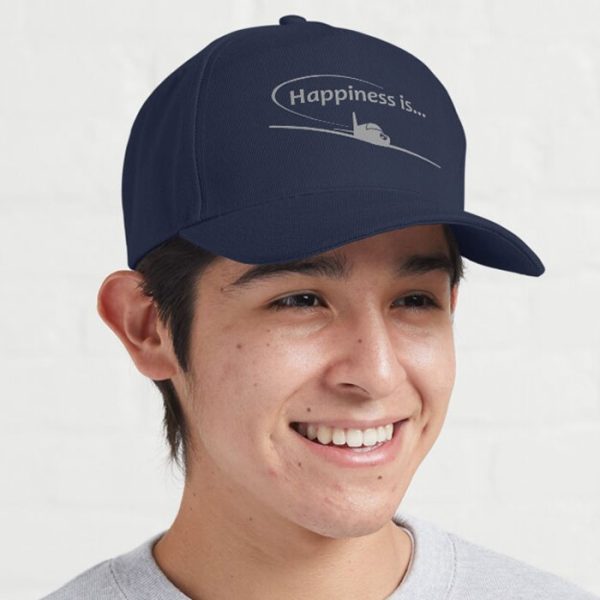 Happiness is... Baseball-Style Pilot Cap. Grey print,