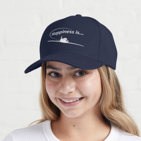 Happiness is... Baseball-Style Pilot Cap. White print