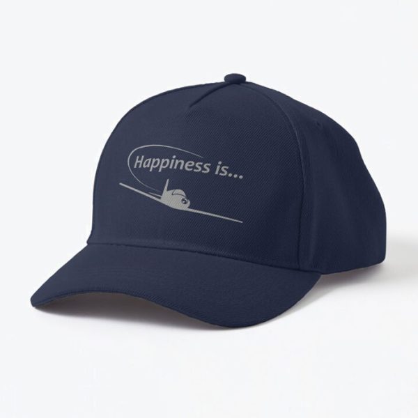 Happiness is... Baseball-Style Pilot Cap. Grey print, close view,