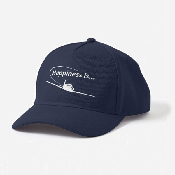 Happiness is... Baseball-Style Pilot Cap. White print, close view,
