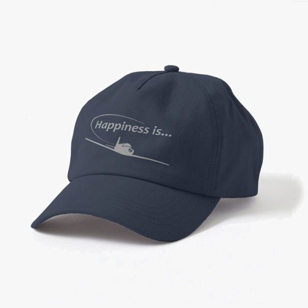 Happiness is... Polo-Style Pilot Cap. Grey print, close view