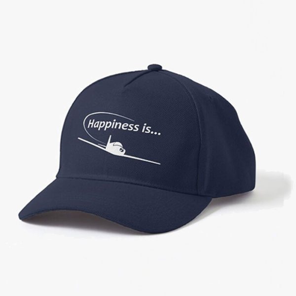 Happiness is... Polo-Style Pilot Cap. White print, close view