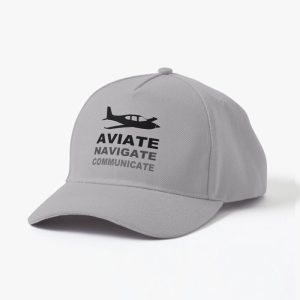 Aviate Navigate Communicate Baseball Style Pilot Cap Black Print, close view.