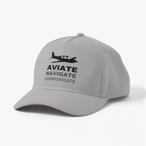 Aviate Navigate Communicate Baseball Style Pilot Cap Black Print, close view.