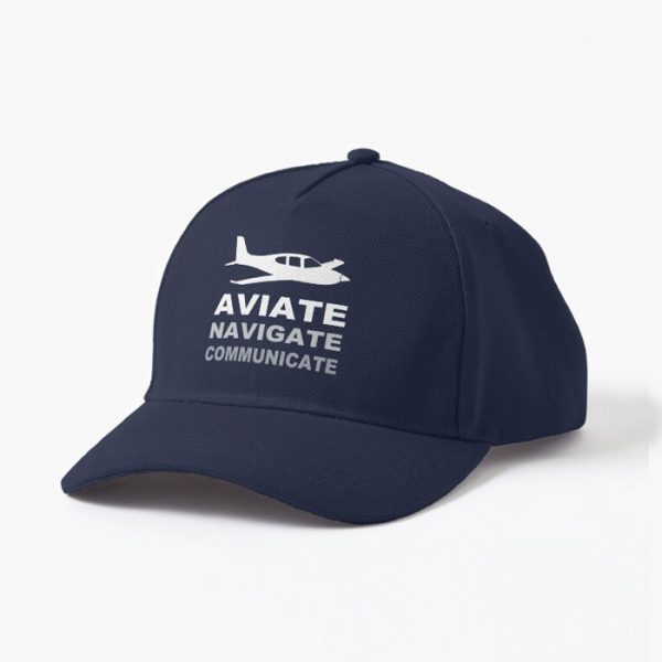 Aviate Navigate Communicate Baseball Style Pilot Cap White Print, close view.