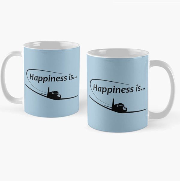 Happiness is…Flying Coffee Mug. Black Print.