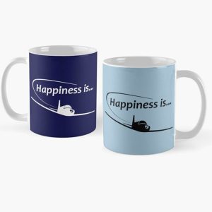 Happiness is…Flying Coffee Mug. Black Print, White Print.
