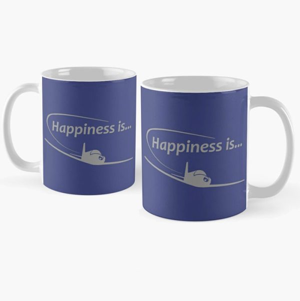 Happiness is…Flying Coffee Mug. Grey Print.