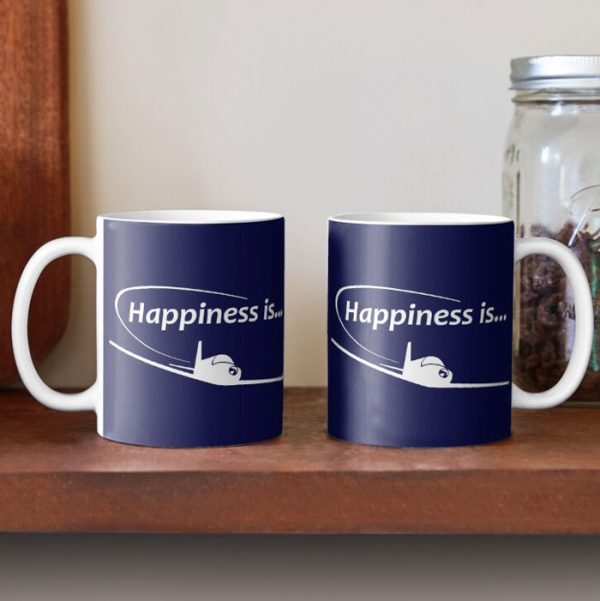 Happiness is…Flying Coffee Mug. White Print.