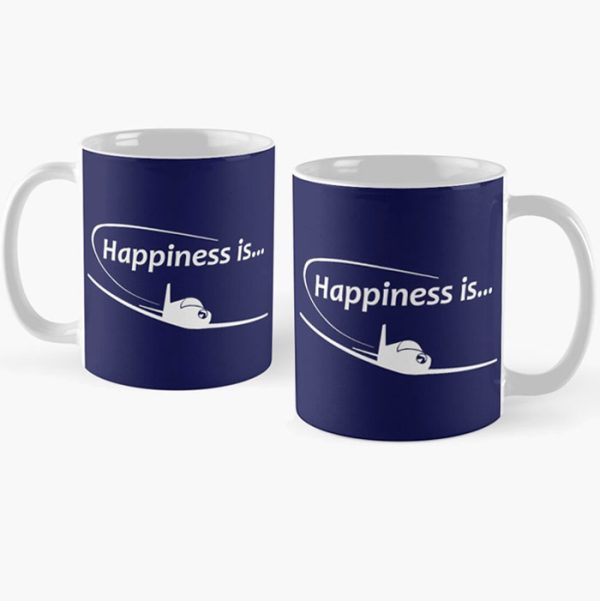 Happiness is…Flying Coffee Mug. White Print